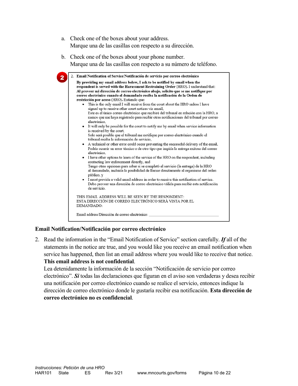 Form HAR101 Instructions - Applying for a Harassment Restraining Order - Minnesota (English / Spanish), Page 10