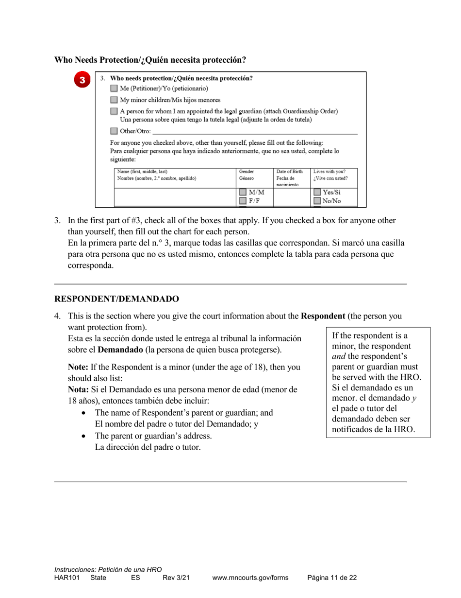 Form HAR101 Instructions - Applying for a Harassment Restraining Order - Minnesota (English / Spanish), Page 11