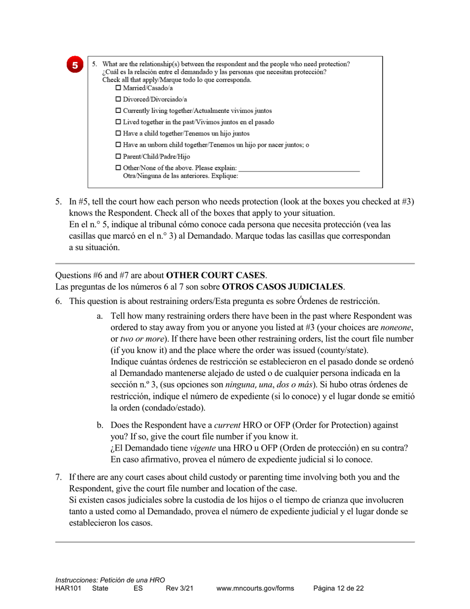 Form HAR101 Instructions - Applying for a Harassment Restraining Order - Minnesota (English / Spanish), Page 12