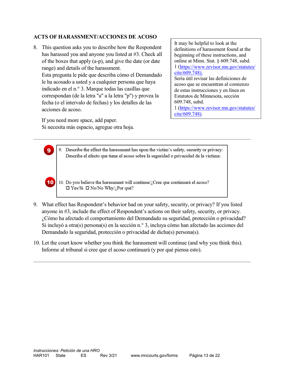 Form HAR101 Instructions - Applying for a Harassment Restraining Order - Minnesota (English / Spanish), Page 13