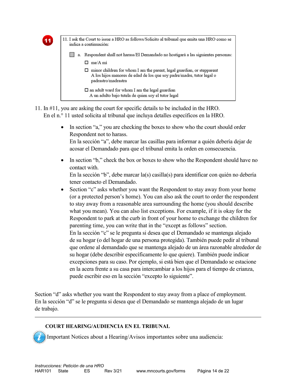 Form HAR101 Instructions - Applying for a Harassment Restraining Order - Minnesota (English / Spanish), Page 14