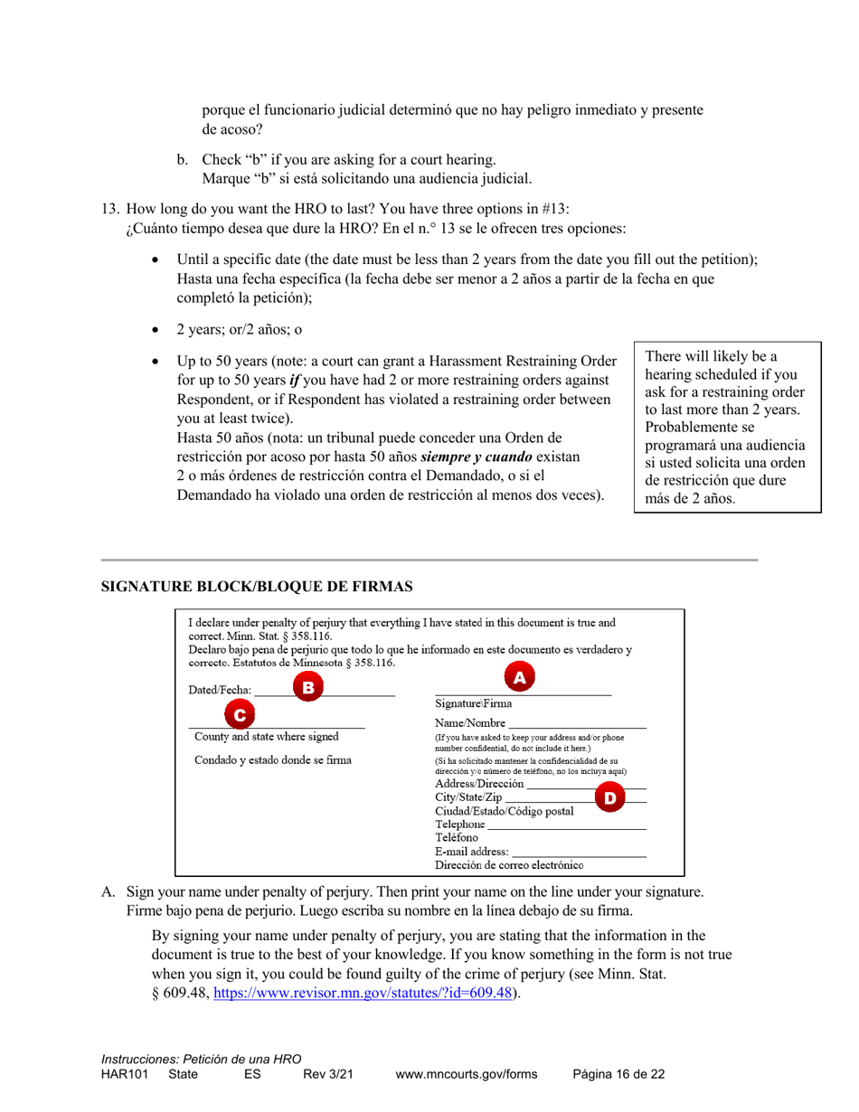 Form HAR101 Instructions - Applying for a Harassment Restraining Order - Minnesota (English / Spanish), Page 16