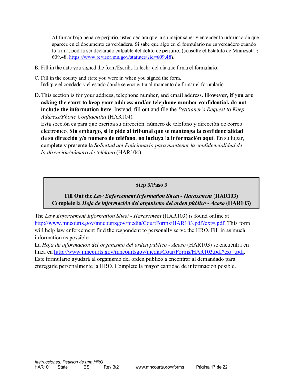 Form HAR101 Instructions - Applying for a Harassment Restraining Order - Minnesota (English / Spanish), Page 17