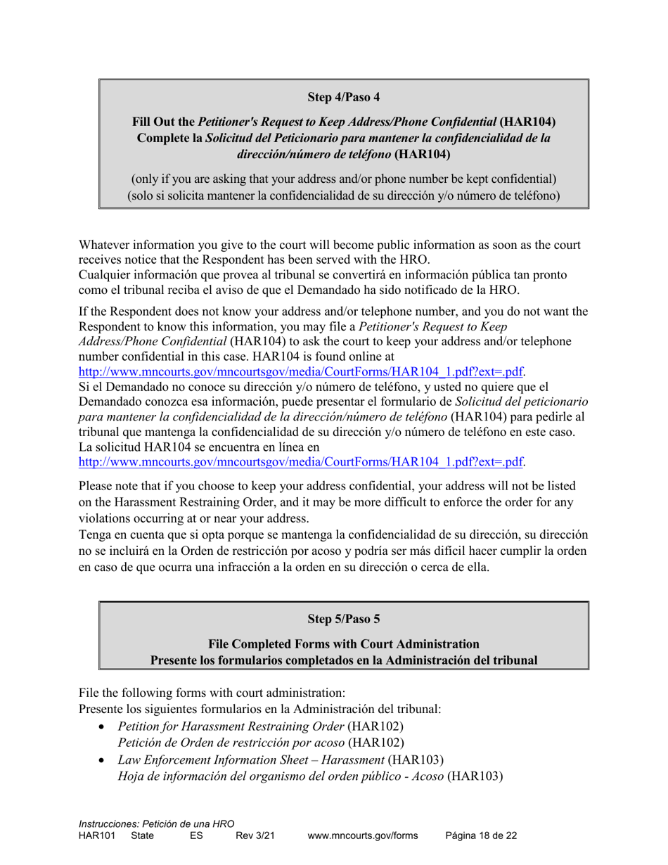 Form HAR101 Instructions - Applying for a Harassment Restraining Order - Minnesota (English / Spanish), Page 18