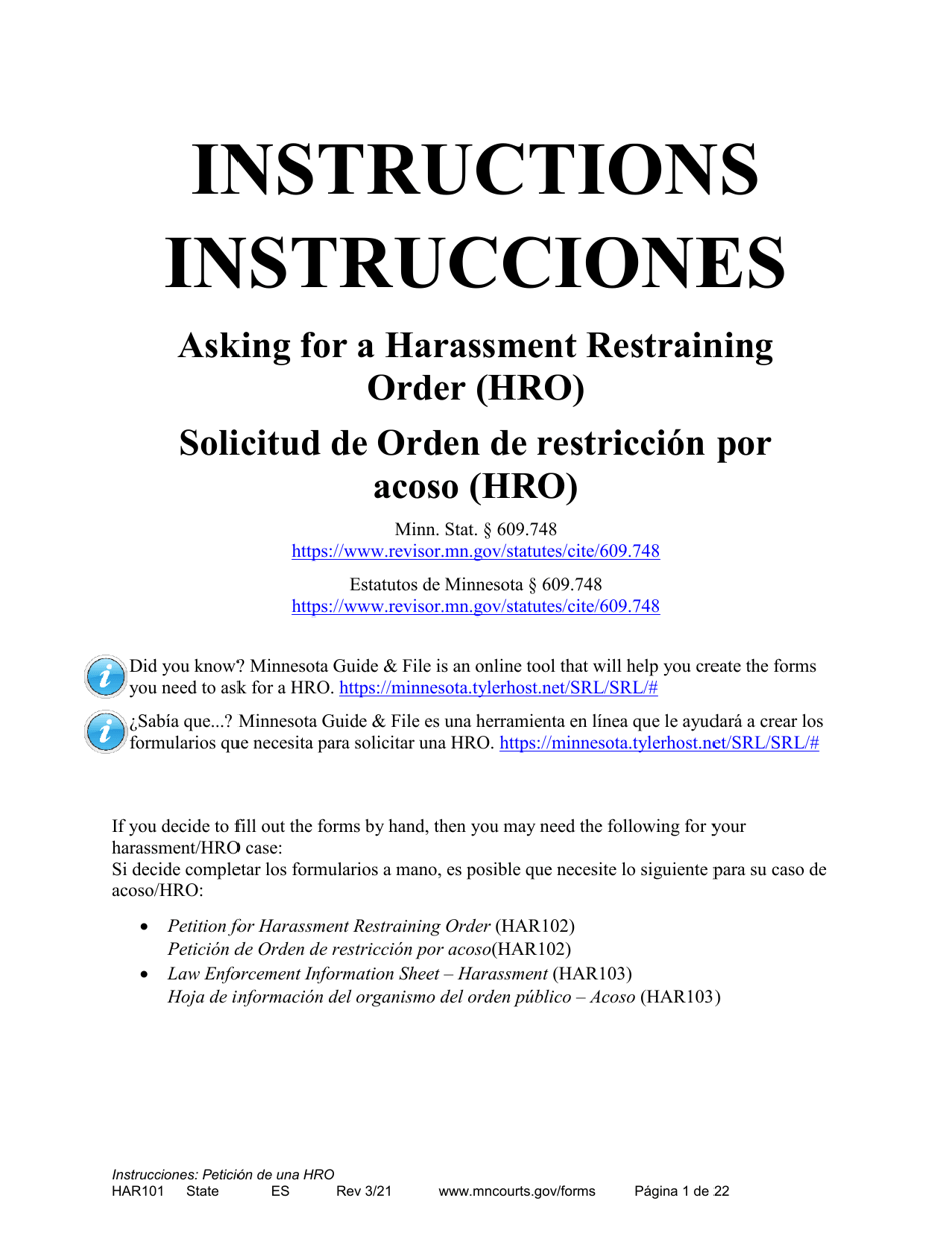 Form HAR101 Instructions - Applying for a Harassment Restraining Order - Minnesota (English / Spanish), Page 1