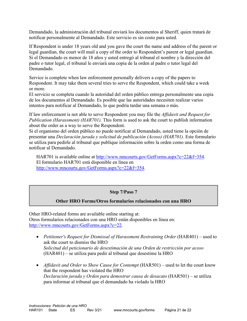 Form HAR101 Instructions - Applying for a Harassment Restraining Order - Minnesota (English / Spanish), Page 21