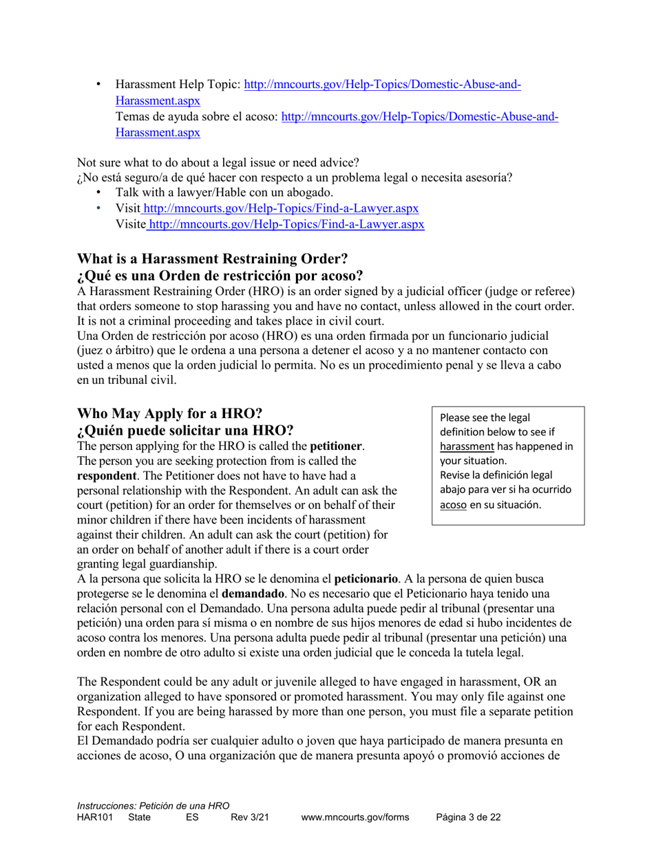 Form HAR101 Instructions - Applying for a Harassment Restraining Order - Minnesota (English / Spanish), Page 3