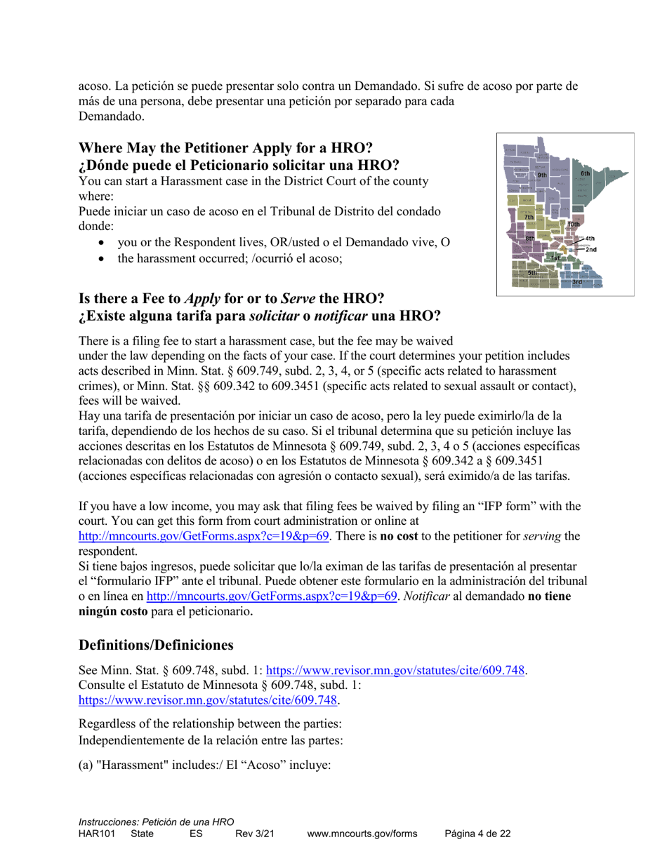 Form HAR101 Instructions - Applying for a Harassment Restraining Order - Minnesota (English / Spanish), Page 4