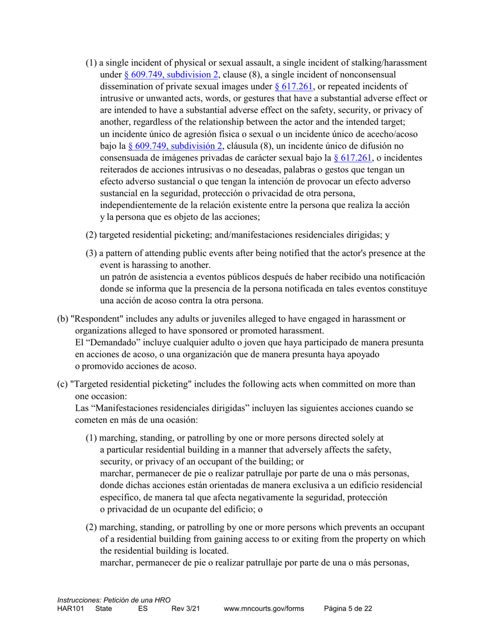 Form HAR101 Instructions - Applying for a Harassment Restraining Order - Minnesota (English / Spanish), Page 5