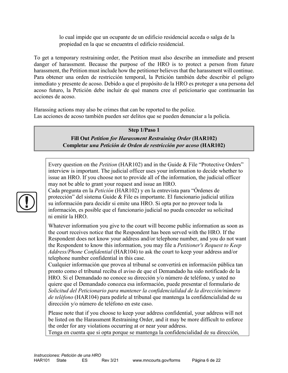 Form HAR101 Instructions - Applying for a Harassment Restraining Order - Minnesota (English / Spanish), Page 6