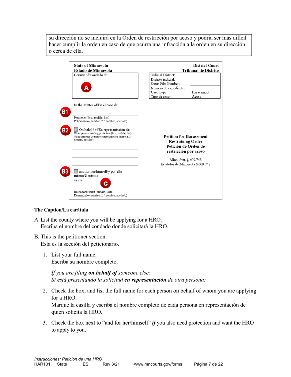 Form HAR101 Instructions - Applying for a Harassment Restraining Order - Minnesota (English / Spanish), Page 7
