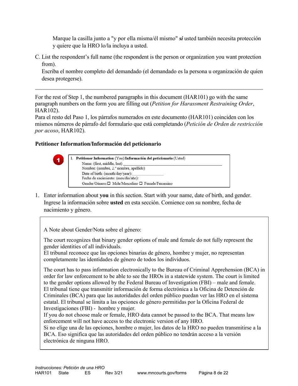 Form HAR101 Instructions - Applying for a Harassment Restraining Order - Minnesota (English / Spanish), Page 8