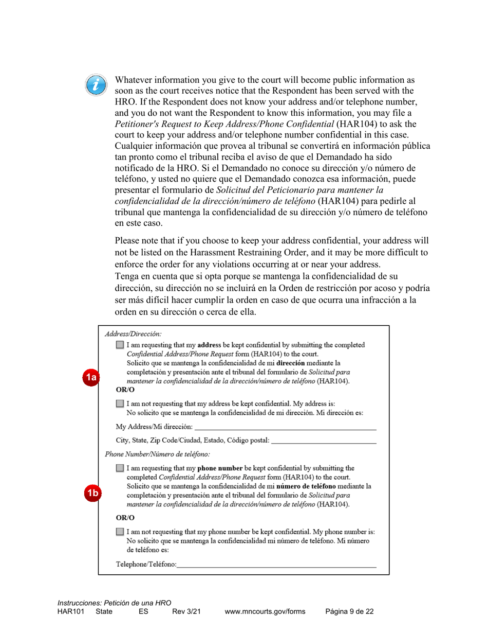 Form HAR101 Instructions - Applying for a Harassment Restraining Order - Minnesota (English / Spanish), Page 9