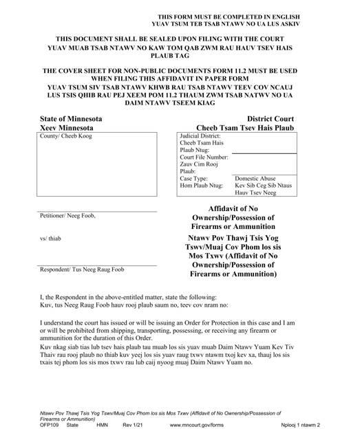 Form OFP109 Affidavit of No Ownership/Possession of Firearms or Ammunition - Minnesota (English/Hmong)