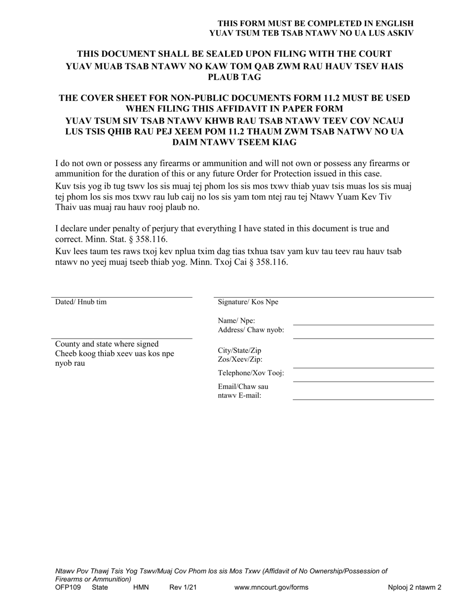 Form OFP109 Affidavit of No Ownership / Possession of Firearms or Ammunition - Minnesota (English / Hmong), Page 2