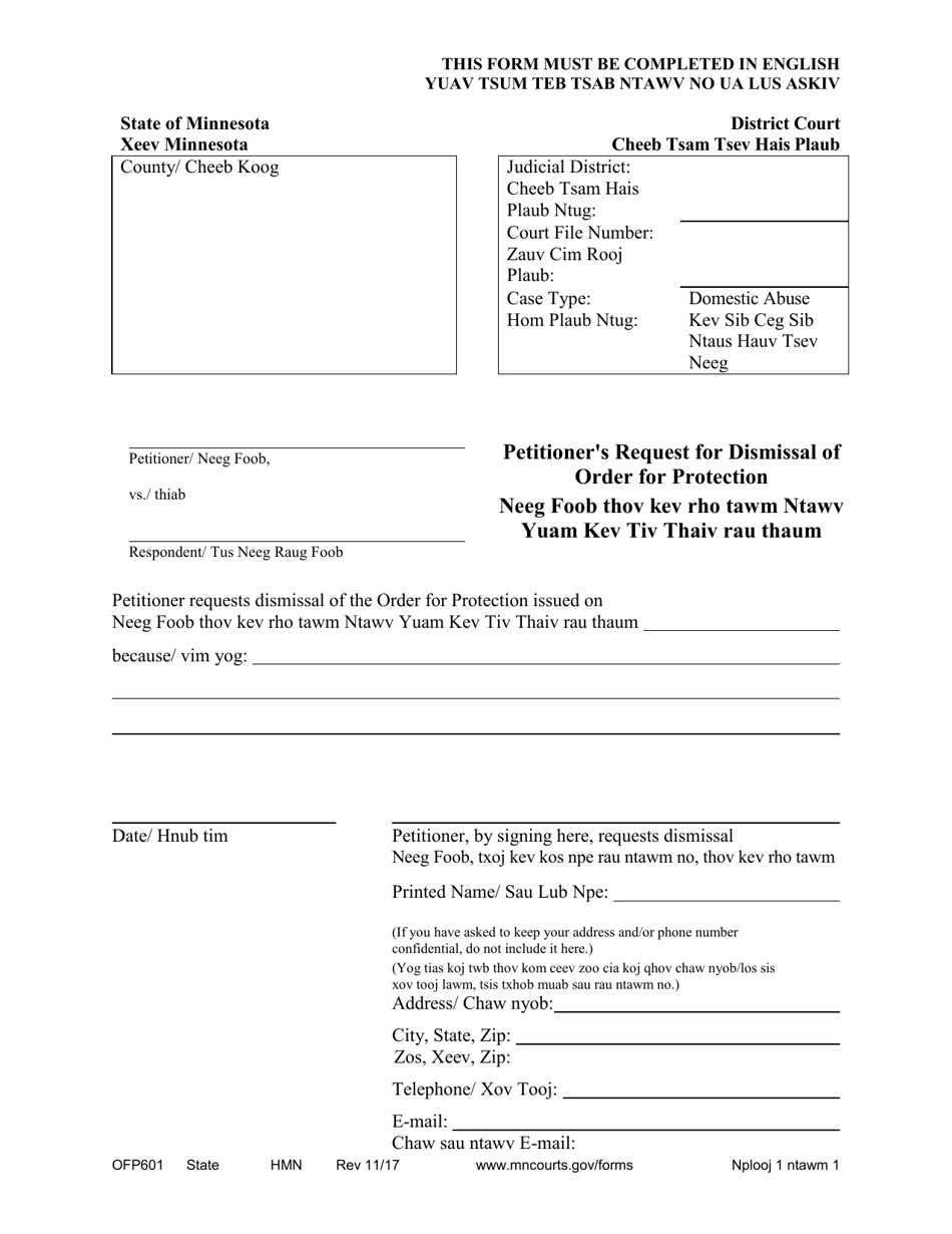 Form OFP601 Petitioners Request for Dismissal of Order for Protection - Minnesota (English / Hmong), Page 1