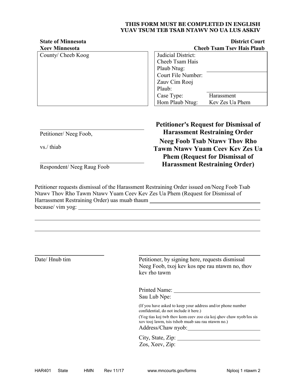 Form HAR401 Petitioners Request for Dismissal of Harassment Restraining Order - Minnesota (English / Hmong), Page 1