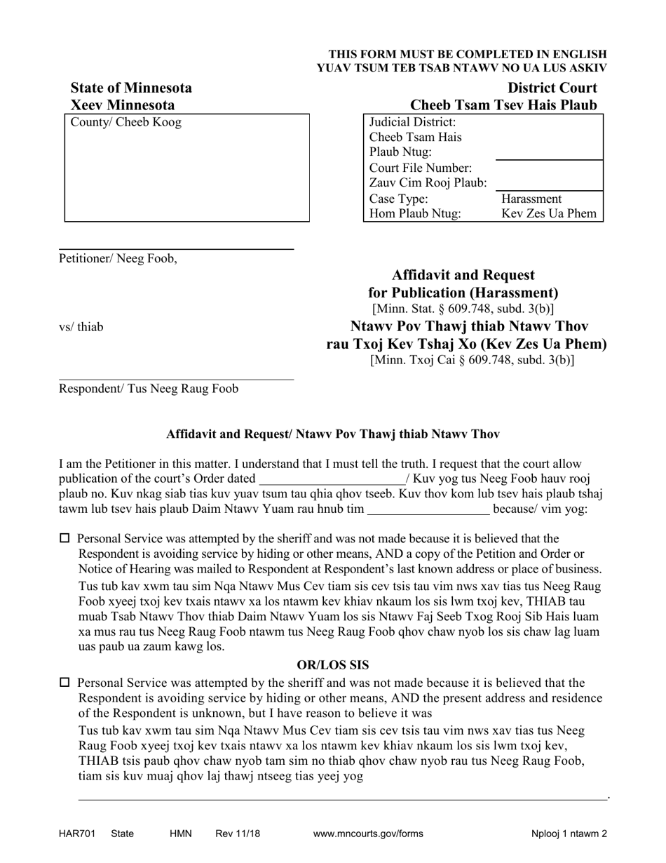 Form HAR701 Affidavit and Request for Publication (Harassment) - Minnesota (English / Hmong), Page 1