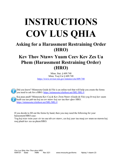 Form HAR101 Instructions - Asking for a Harassment Restraining Order (Hro) - Minnesota (English/Hmong)