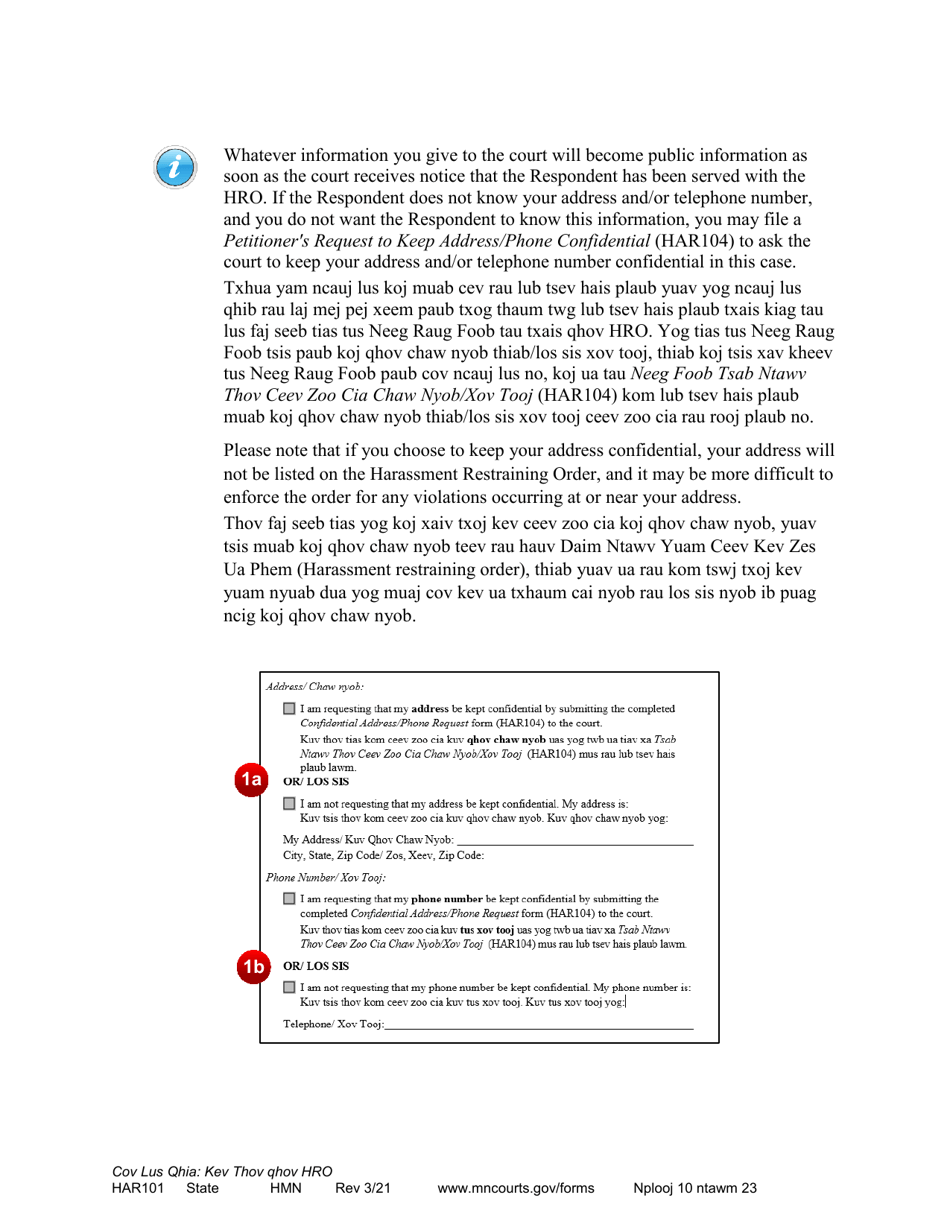 Form HAR101 Instructions - Asking for a Harassment Restraining Order (Hro) - Minnesota (English / Hmong), Page 10