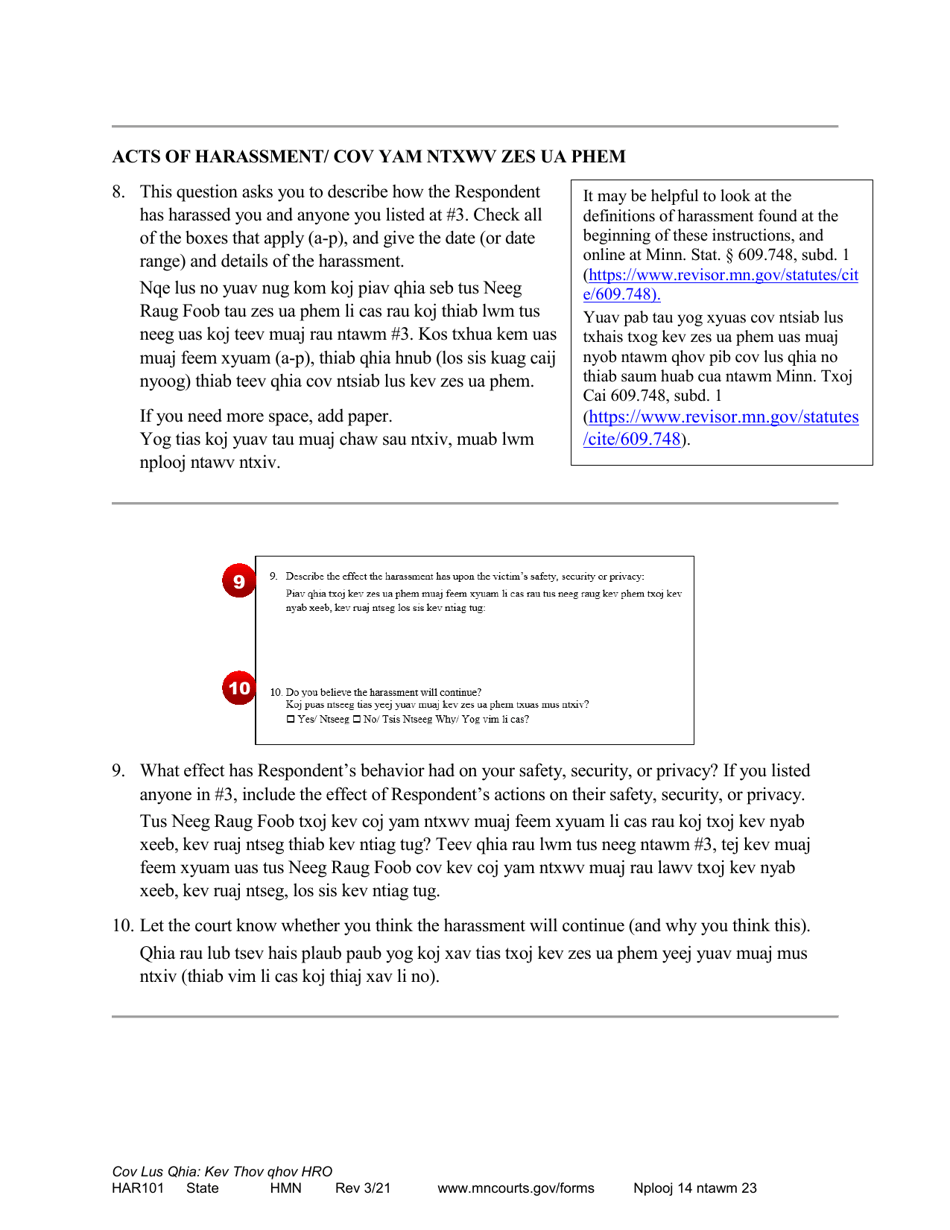 Form HAR101 Instructions - Asking for a Harassment Restraining Order (Hro) - Minnesota (English / Hmong), Page 14