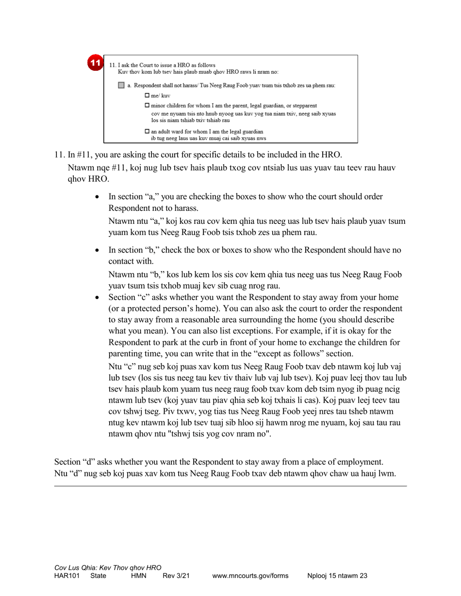 Form HAR101 Instructions - Asking for a Harassment Restraining Order (Hro) - Minnesota (English / Hmong), Page 15