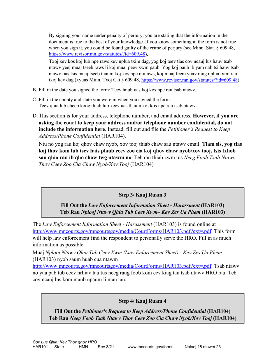 Form HAR101 Instructions - Asking for a Harassment Restraining Order (Hro) - Minnesota (English / Hmong), Page 18