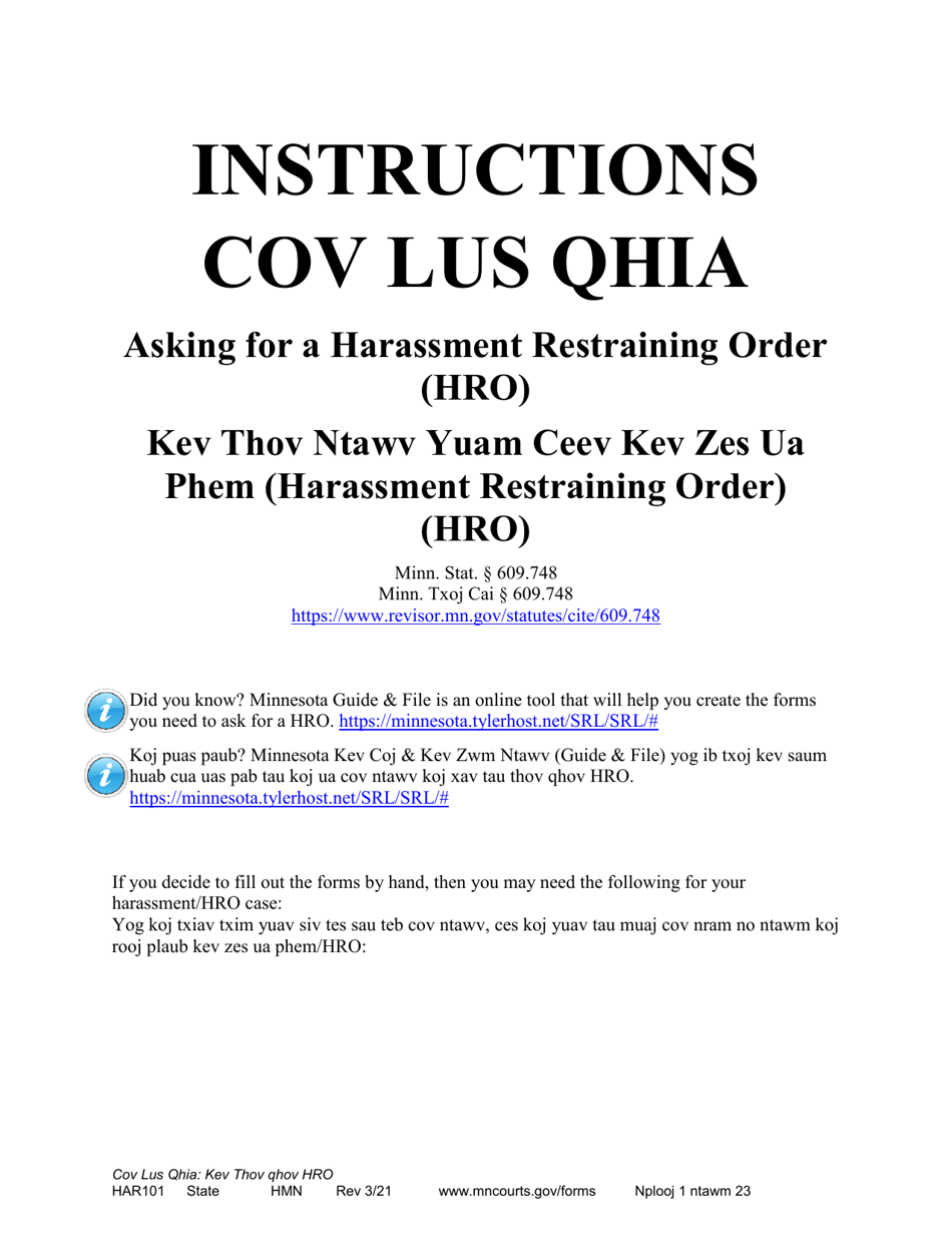 Form HAR101 Instructions - Asking for a Harassment Restraining Order (Hro) - Minnesota (English / Hmong), Page 1