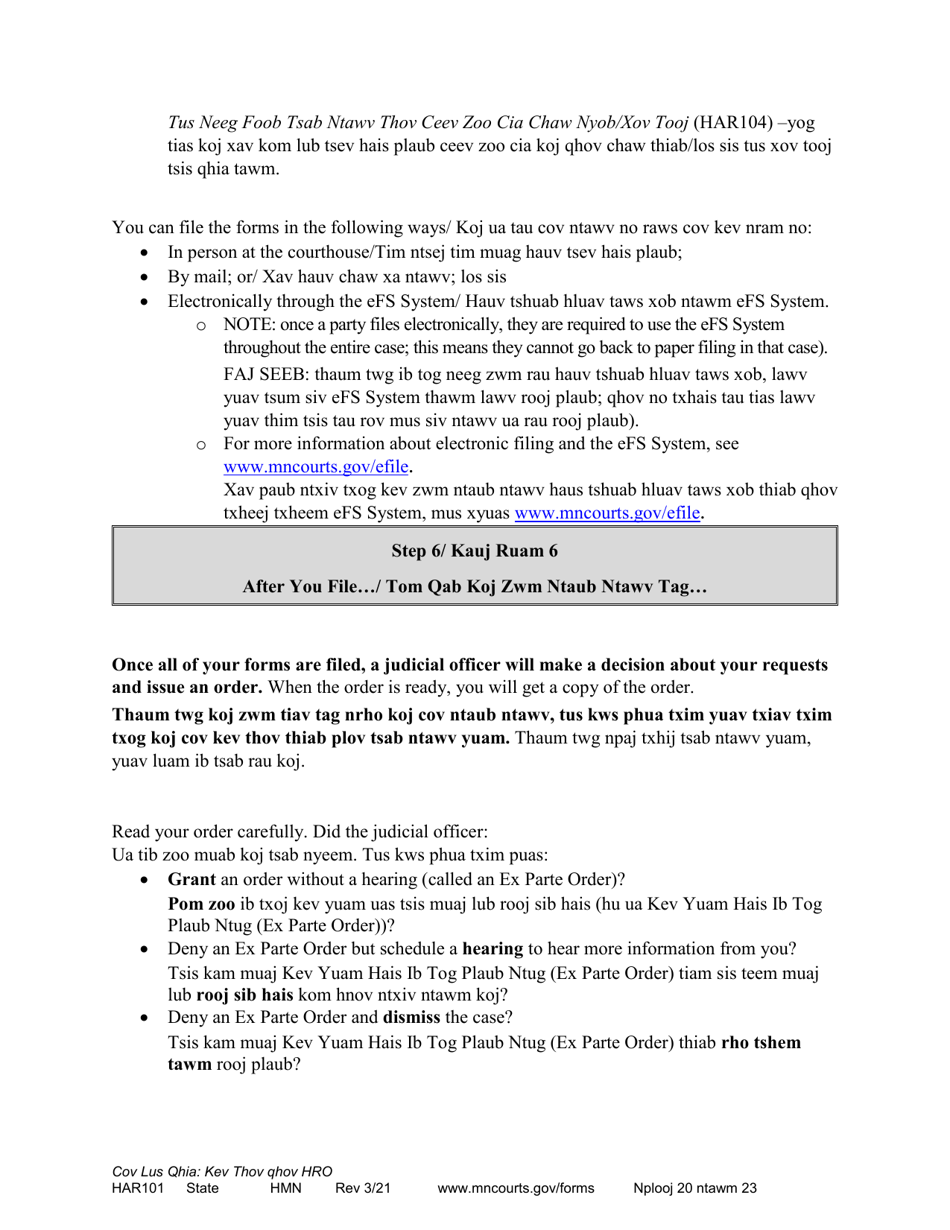 Form HAR101 Instructions - Asking for a Harassment Restraining Order (Hro) - Minnesota (English / Hmong), Page 20