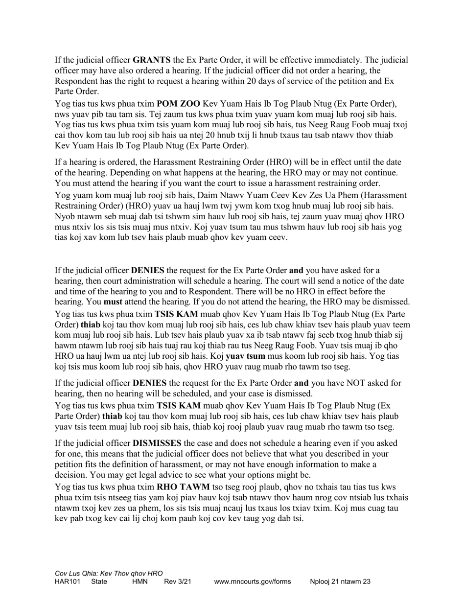 Form HAR101 Instructions - Asking for a Harassment Restraining Order (Hro) - Minnesota (English / Hmong), Page 21