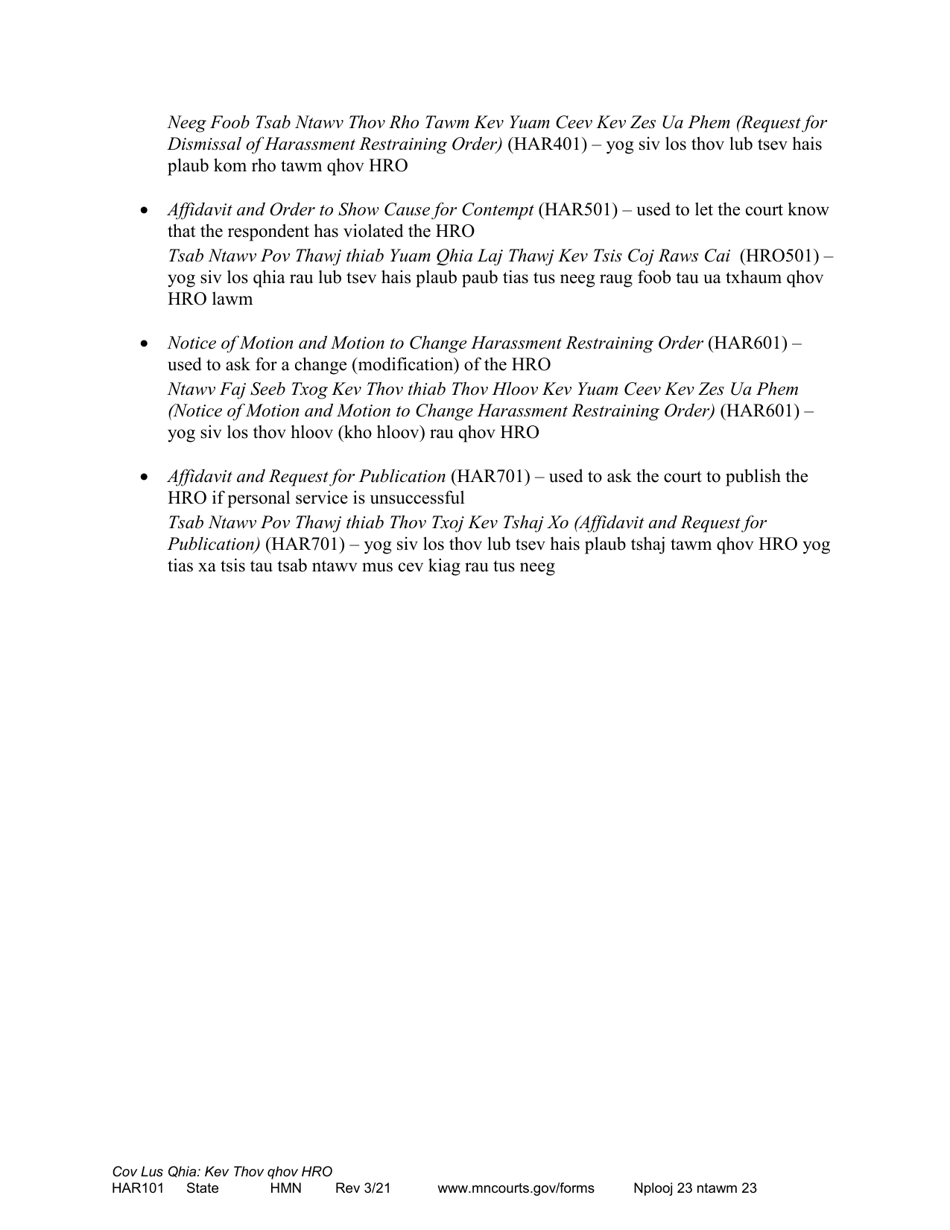 Form HAR101 Instructions - Asking for a Harassment Restraining Order (Hro) - Minnesota (English / Hmong), Page 23