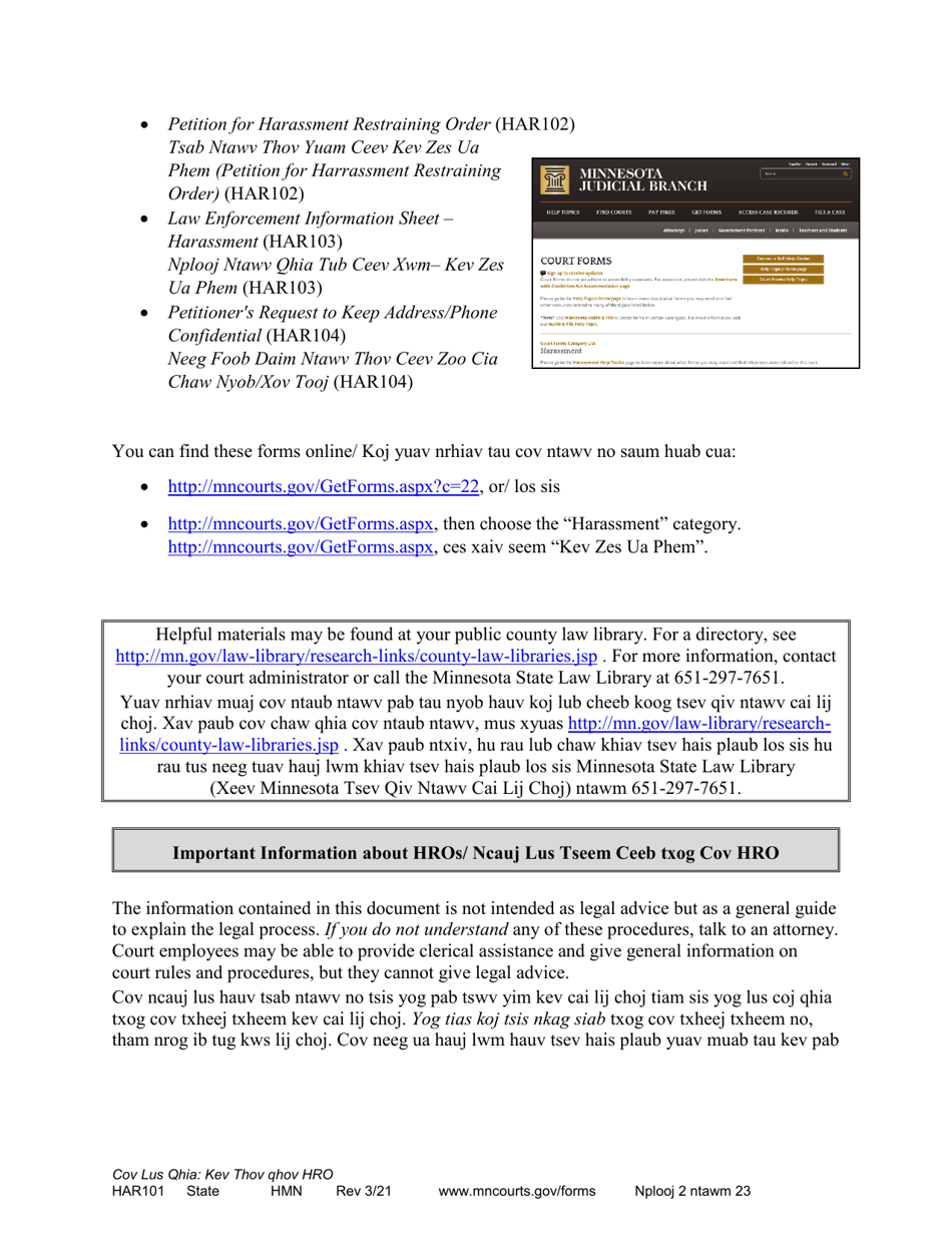 Form HAR101 Instructions - Asking for a Harassment Restraining Order (Hro) - Minnesota (English / Hmong), Page 2