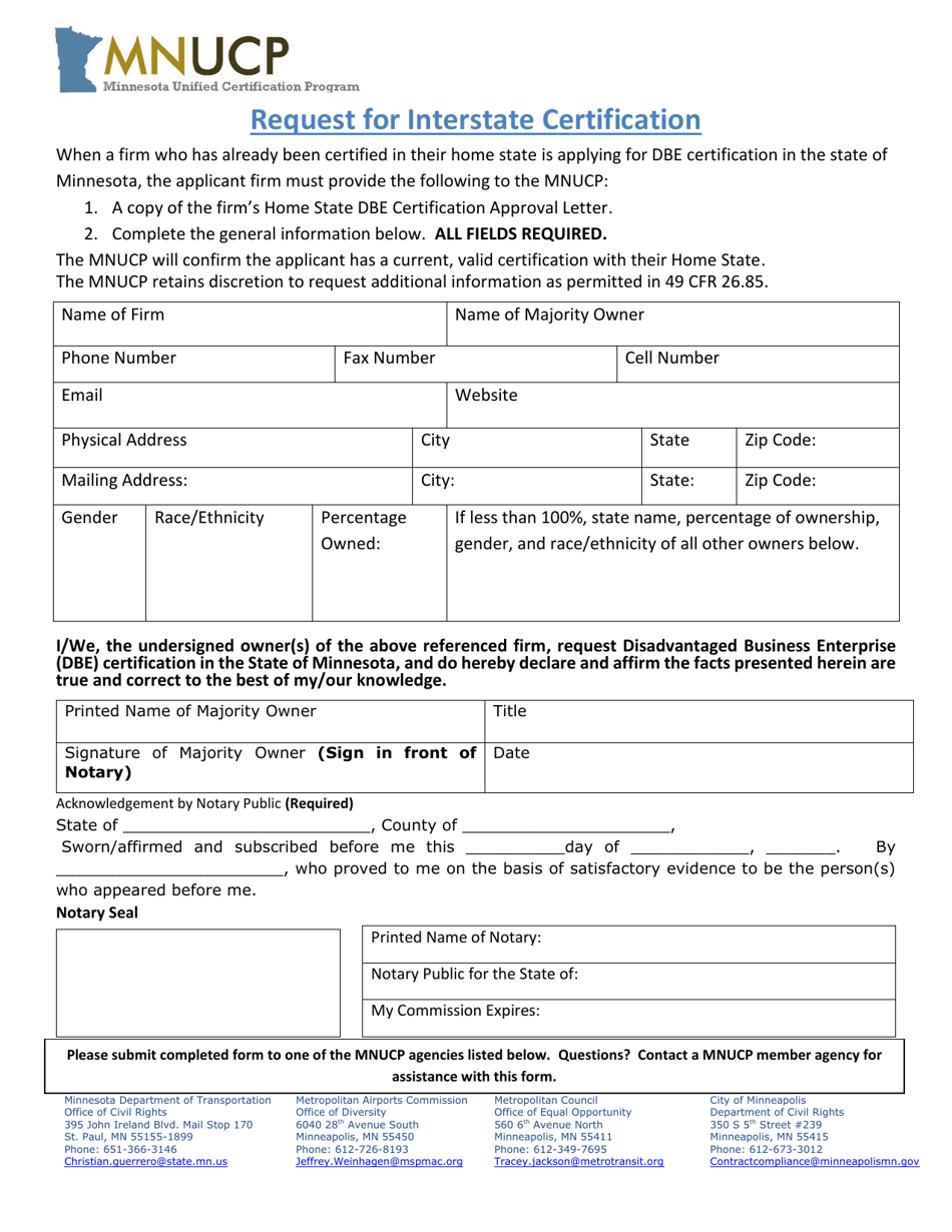 Request for Interstate Certification - Minnesota, Page 1