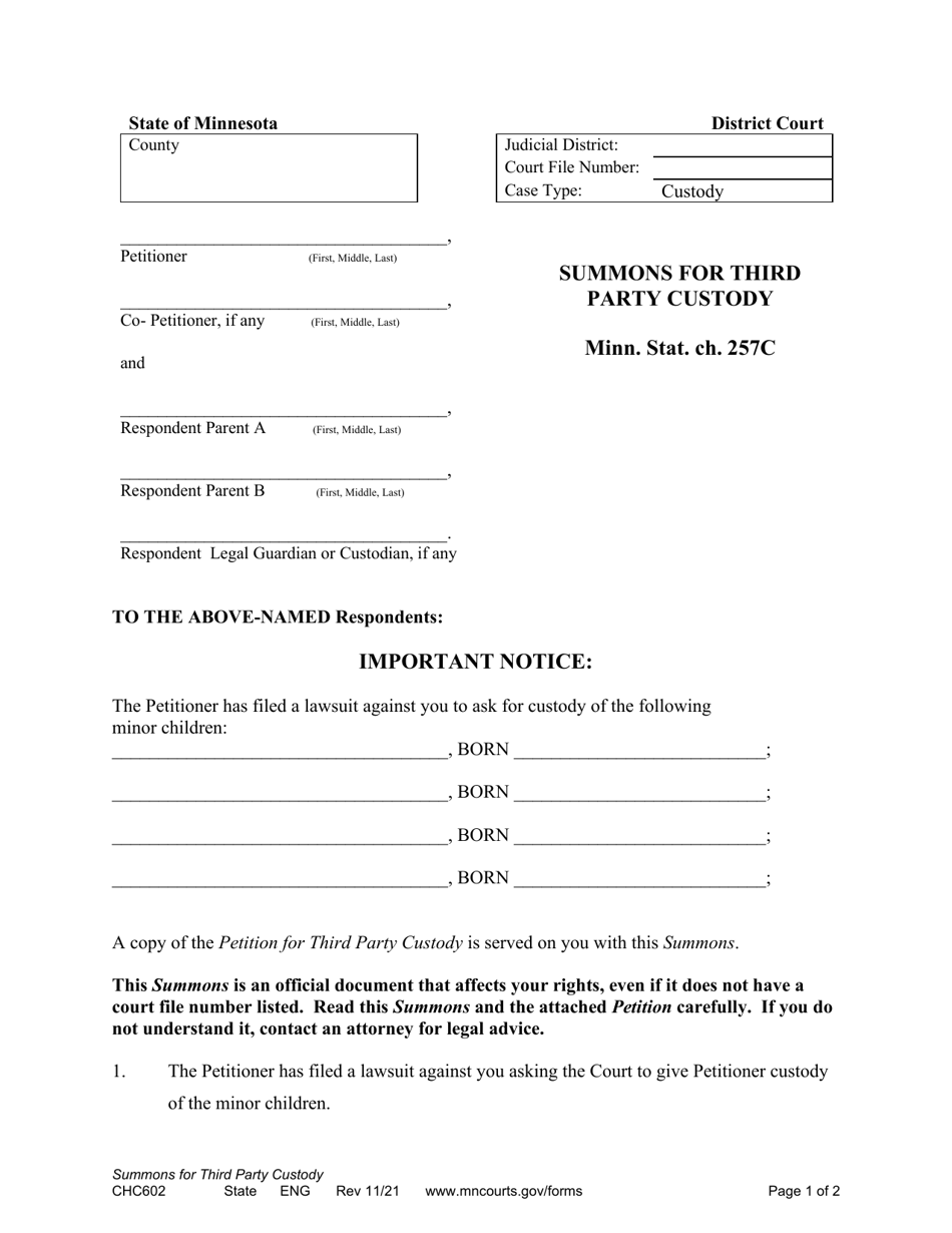 Form CHC602 Summons for Third Party Custody - Minnesota, Page 1