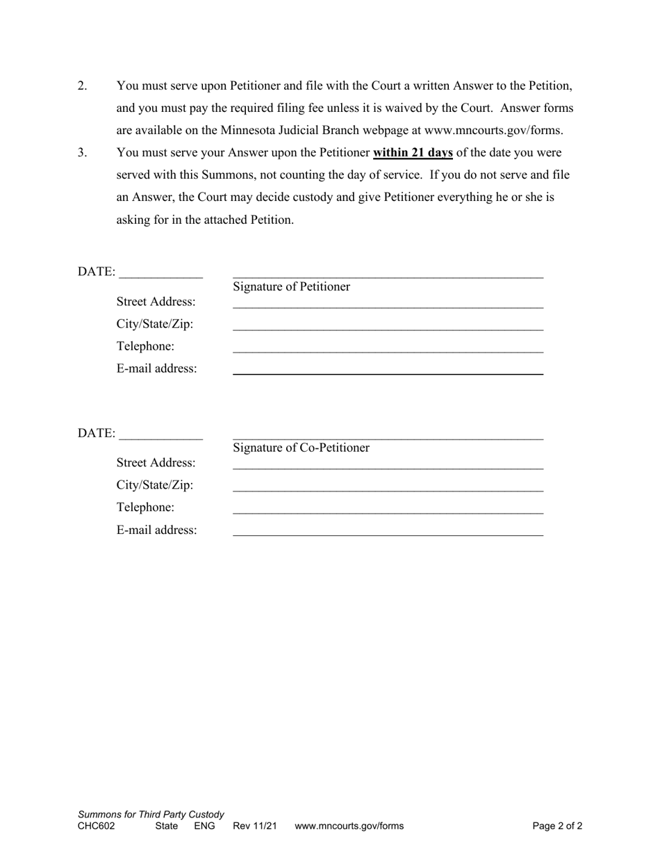Form CHC602 Summons for Third Party Custody - Minnesota, Page 2