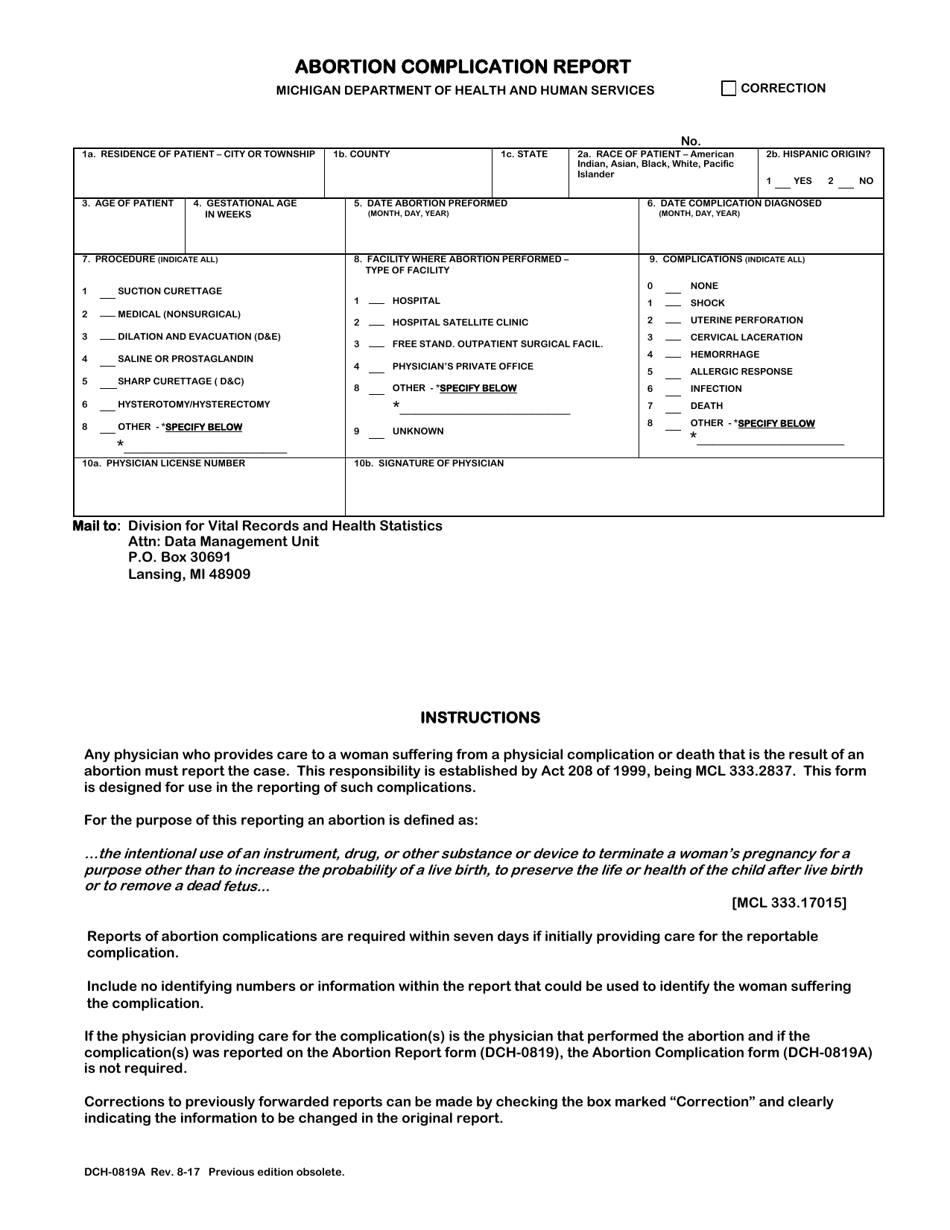 Form DCH-0819A Abortion Complication Report - Michigan, Page 1