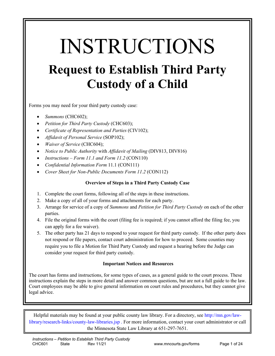 Form CHC601 Instructions - Request to Establish Third Party Custody of a Child - Minnesota, Page 1