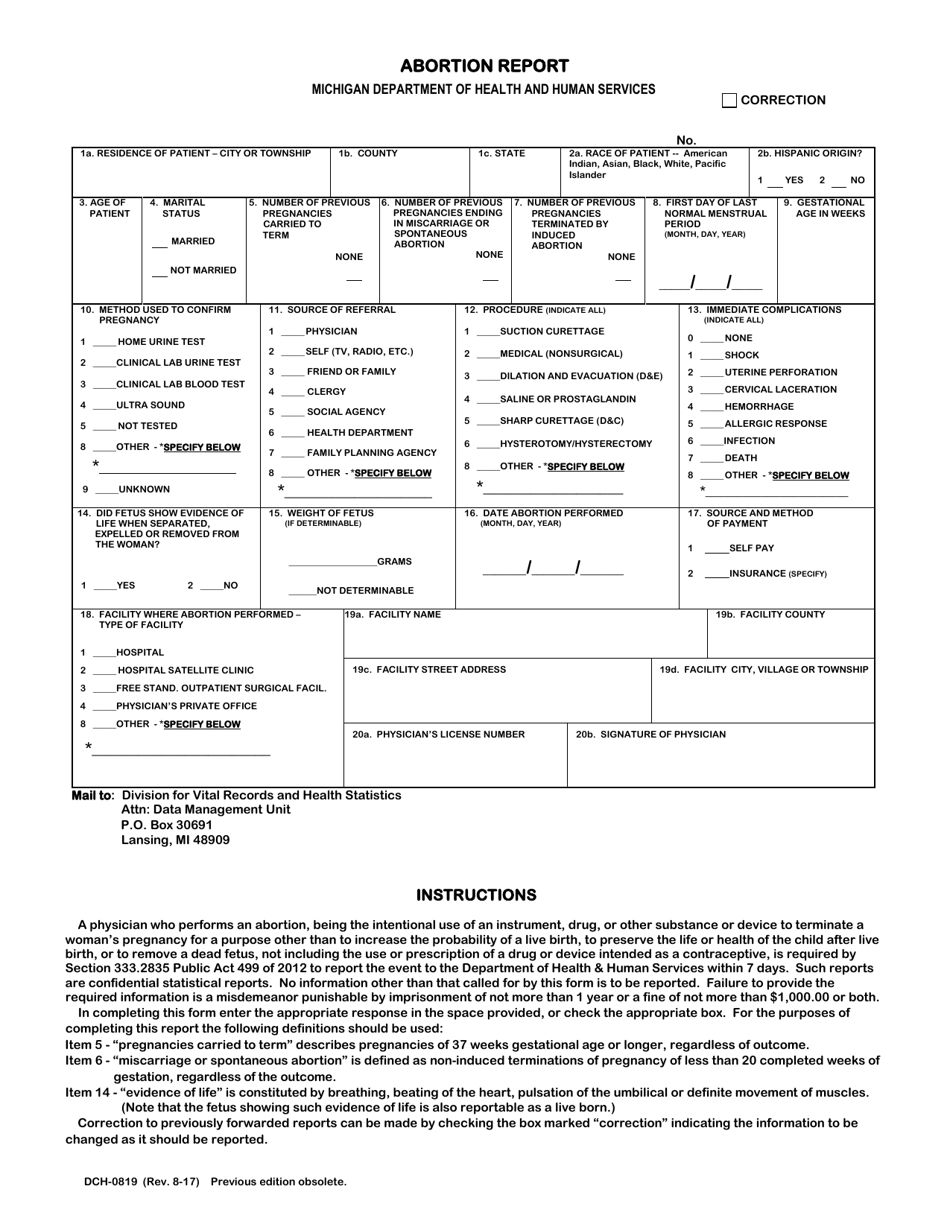 Form DCH-0819 Abortion Report - Michigan, Page 1
