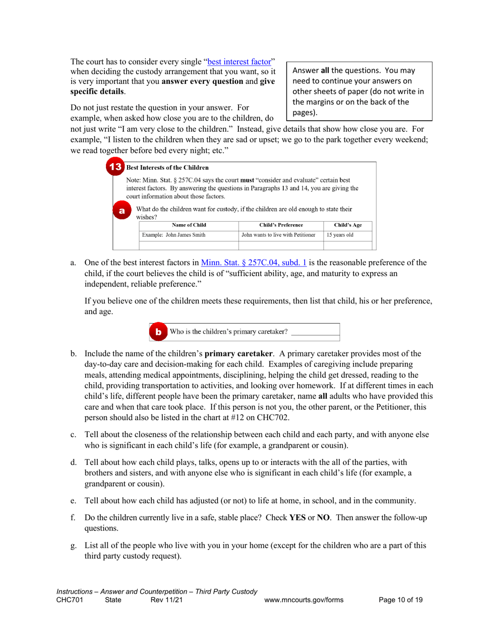 Form CHC701 Instructions - Answer to Petition to Establish Third Party Custody of a Child and Counterpetition for Custody - Minnesota, Page 10