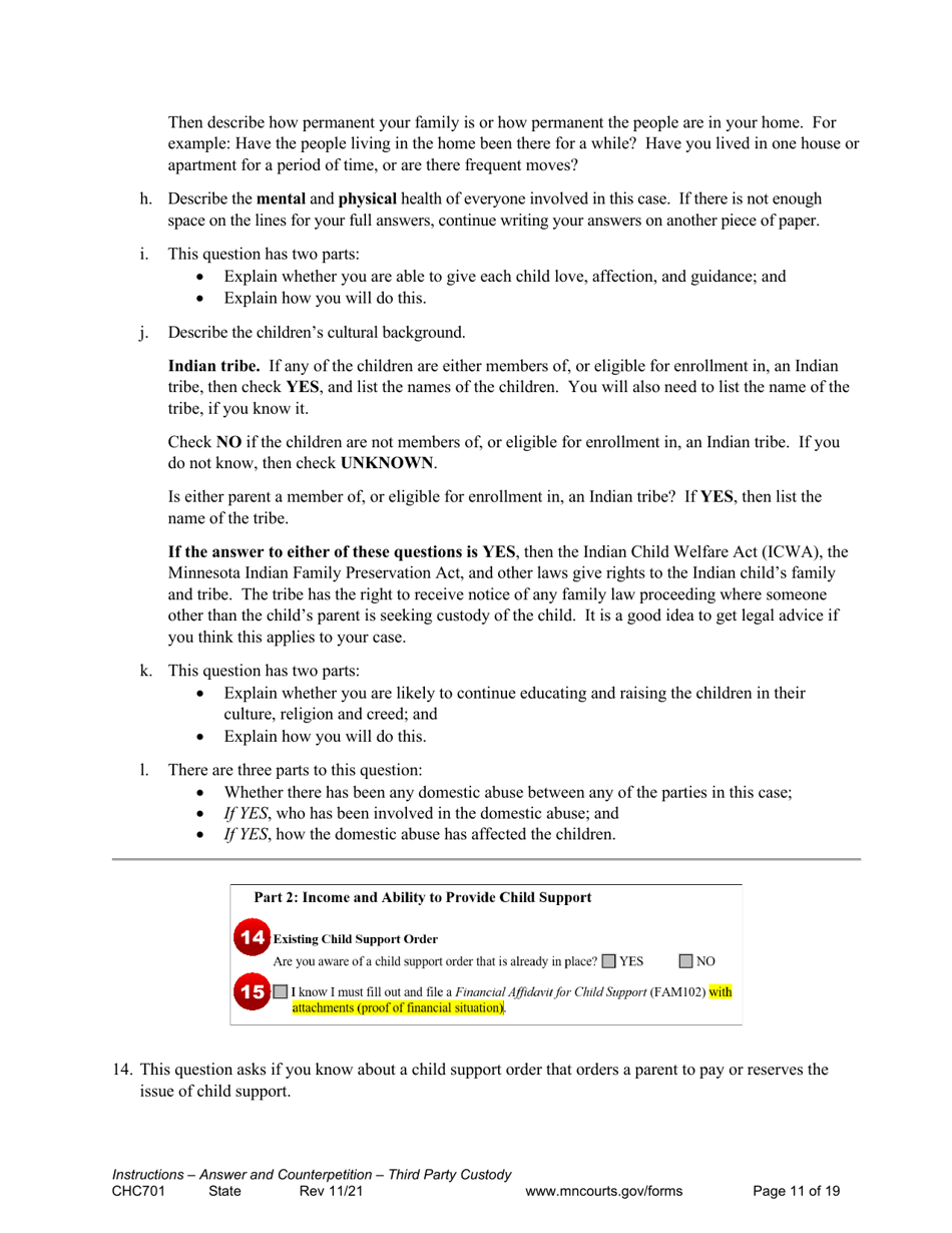 Form CHC701 Instructions - Answer to Petition to Establish Third Party Custody of a Child and Counterpetition for Custody - Minnesota, Page 11