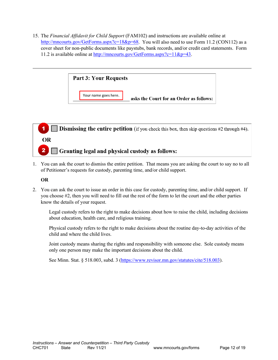 Form CHC701 Instructions - Answer to Petition to Establish Third Party Custody of a Child and Counterpetition for Custody - Minnesota, Page 12