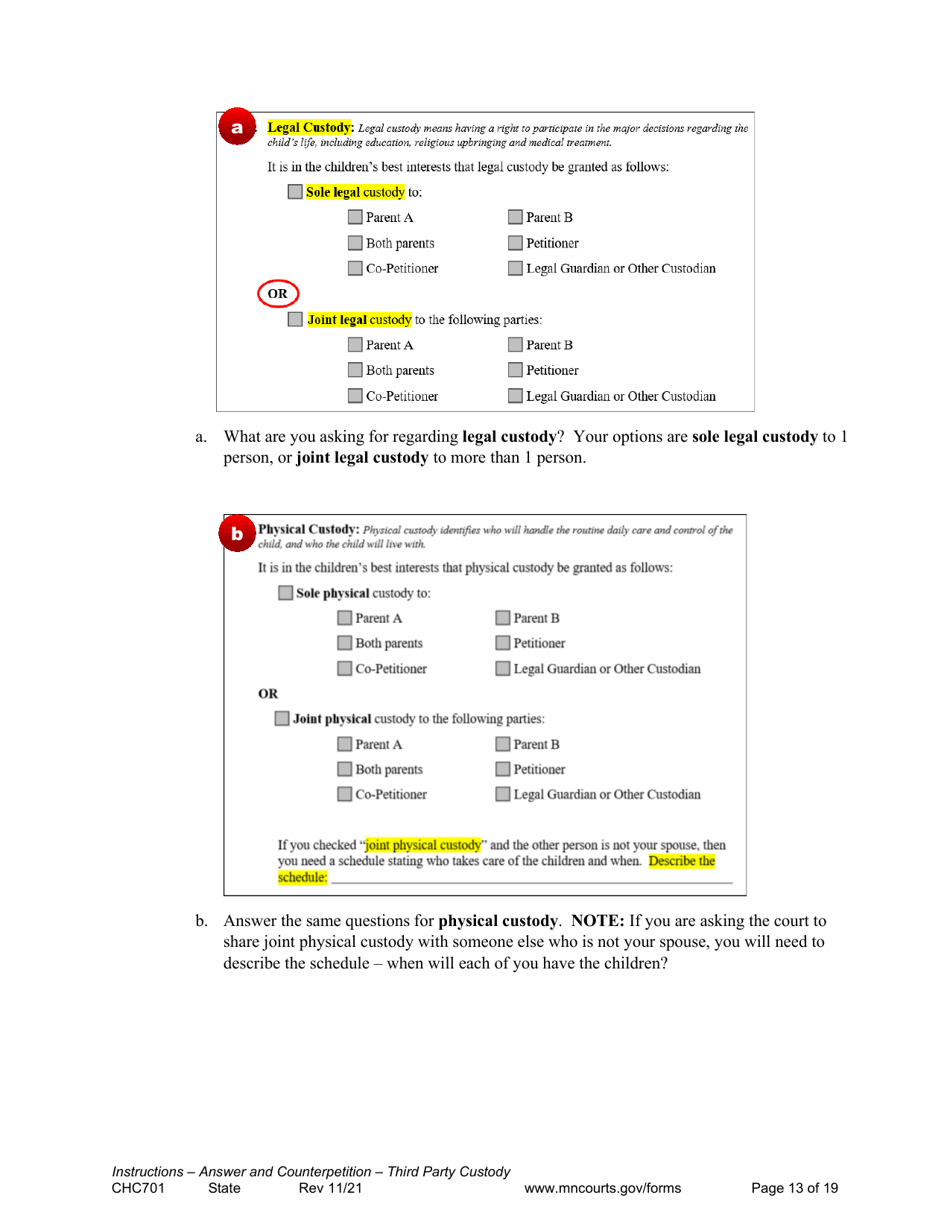 Form CHC701 Instructions - Answer to Petition to Establish Third Party Custody of a Child and Counterpetition for Custody - Minnesota, Page 13