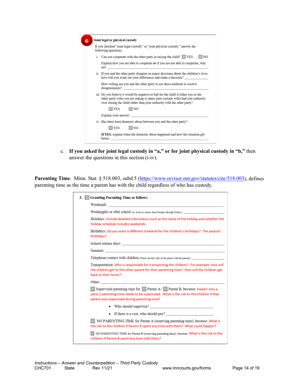 Form CHC701 Instructions - Answer to Petition to Establish Third Party Custody of a Child and Counterpetition for Custody - Minnesota, Page 14