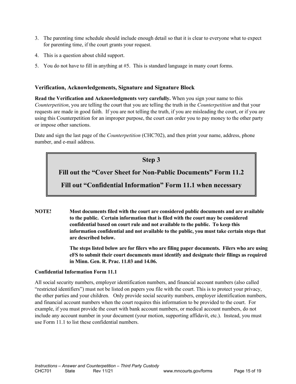 Form CHC701 Instructions - Answer to Petition to Establish Third Party Custody of a Child and Counterpetition for Custody - Minnesota, Page 15
