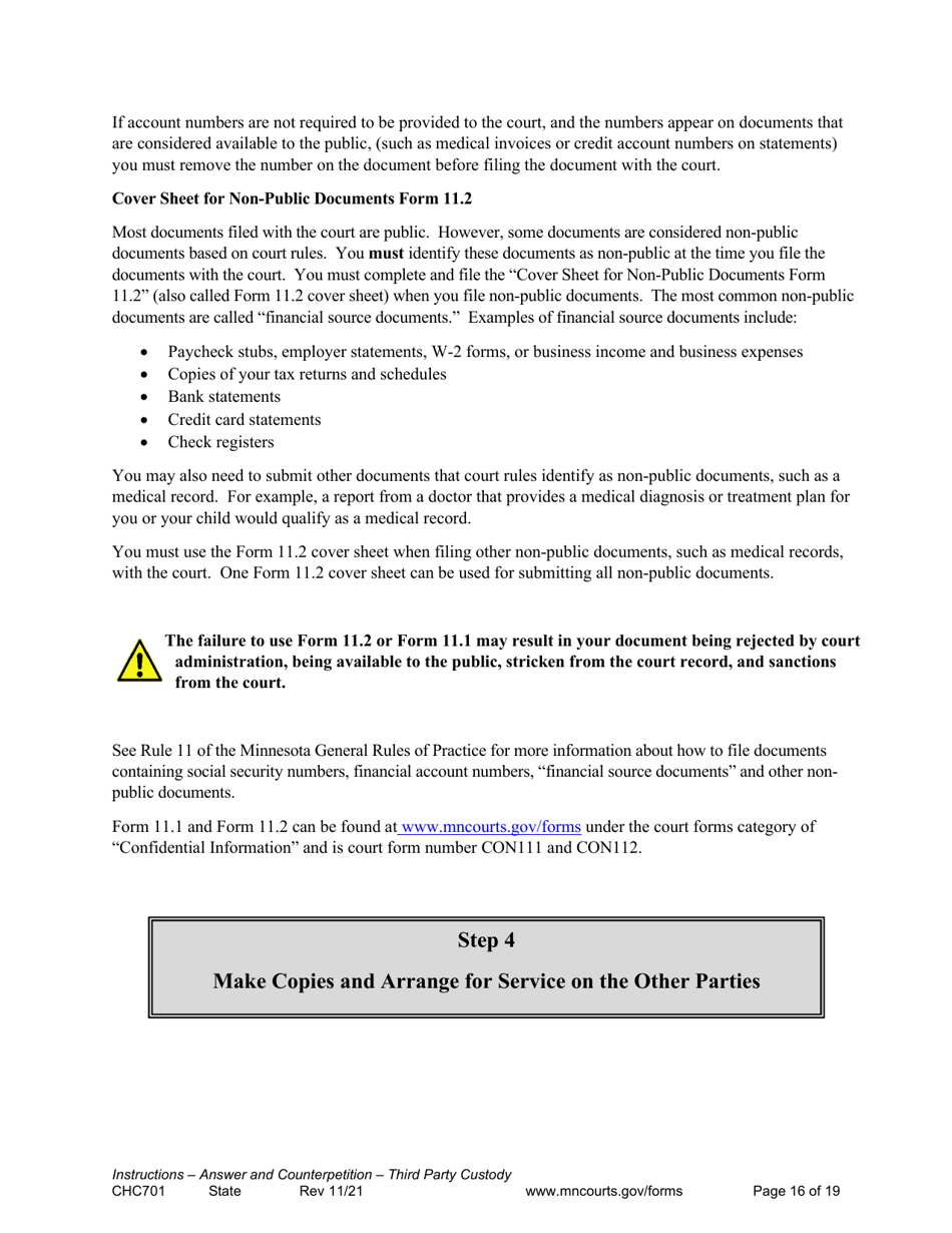 Form CHC701 Instructions - Answer to Petition to Establish Third Party Custody of a Child and Counterpetition for Custody - Minnesota, Page 16