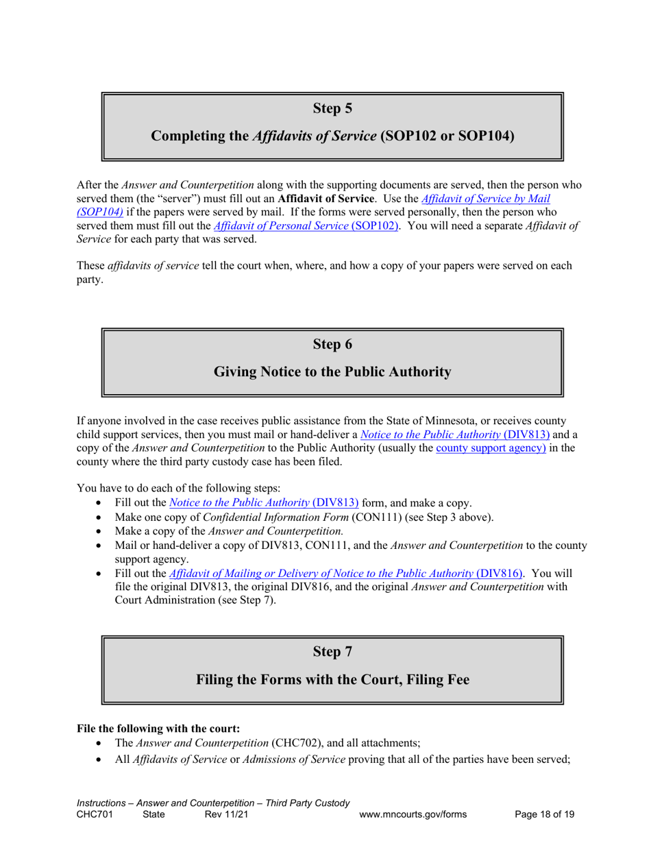 Form CHC701 Instructions - Answer to Petition to Establish Third Party Custody of a Child and Counterpetition for Custody - Minnesota, Page 18
