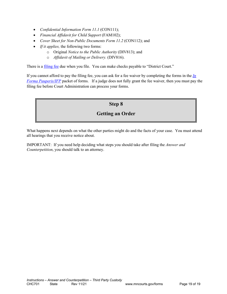 Form CHC701 Instructions - Answer to Petition to Establish Third Party Custody of a Child and Counterpetition for Custody - Minnesota, Page 19