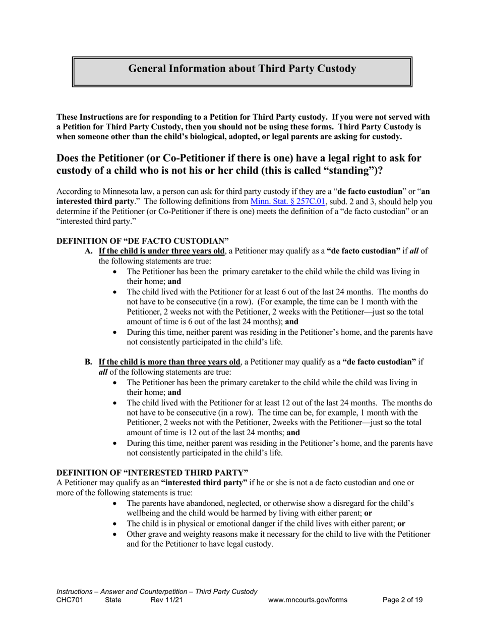 Form CHC701 Instructions - Answer to Petition to Establish Third Party Custody of a Child and Counterpetition for Custody - Minnesota, Page 2
