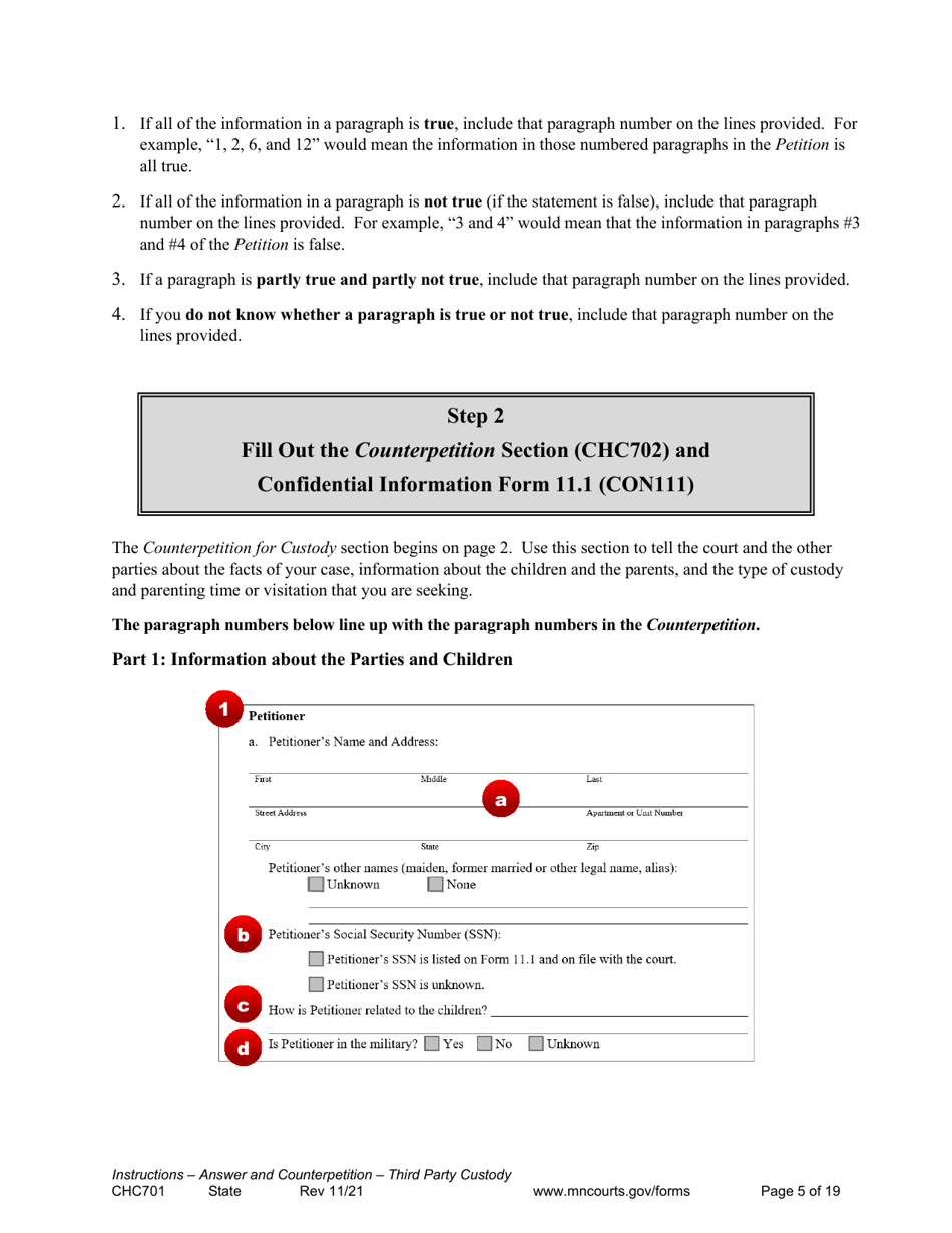 Form CHC701 Instructions - Answer to Petition to Establish Third Party Custody of a Child and Counterpetition for Custody - Minnesota, Page 5