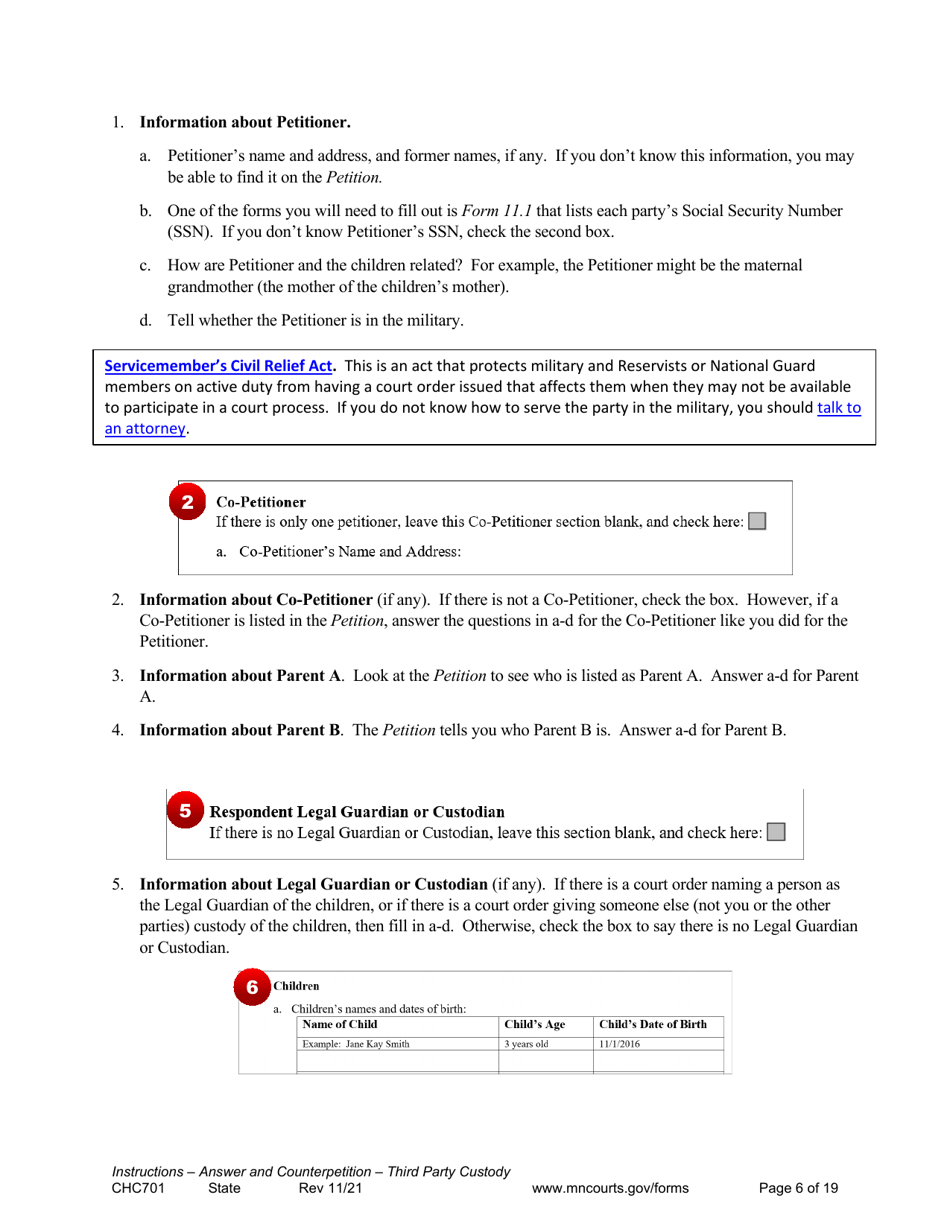 Form CHC701 Instructions - Answer to Petition to Establish Third Party Custody of a Child and Counterpetition for Custody - Minnesota, Page 6